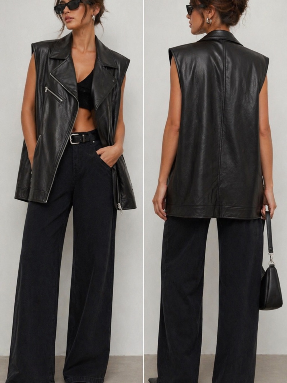 Black Sleeveless Faux Leather Moto Vest Jacket - Women